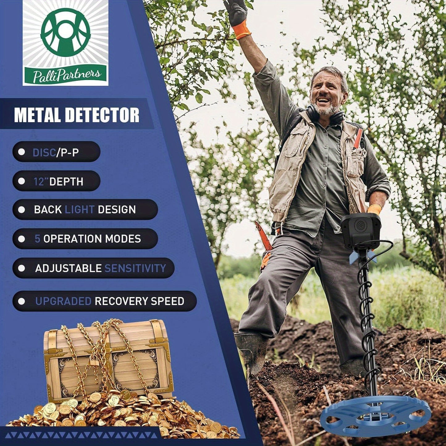Adult Metal Detector Professional High-Precision Golden Detector Backlit Lcd Display Screen 5 Modes Advanced Dsp Chip 12 Inch Coil Including Battery 970 Blue Free Shipping