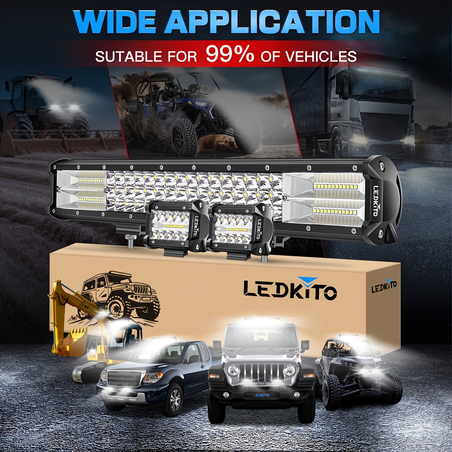 [20" LED Light Bar Kit] 20inch LED Light Bar+ 4inch Led Work Light Kit | With Switch On/ Off Wiring Harness Kit Relay Fuse, For Trucks SUV ATV UTV Boat Crane Excavator Forklift Courtyard Road, DC12-24V, White, Without Battery