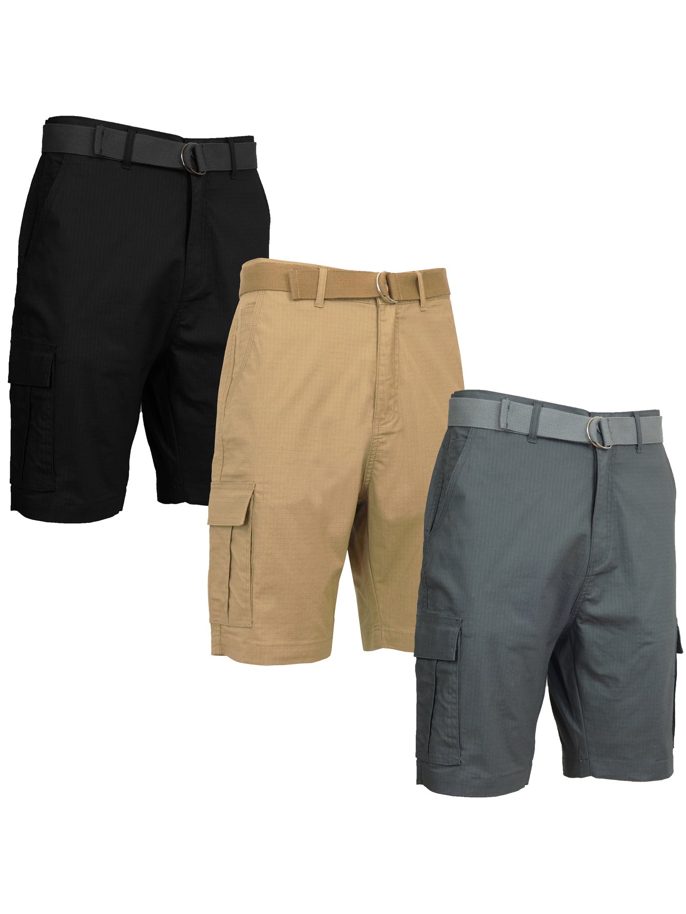 3 Pack Men's Cotton Stretch Ripstop Cargo Shorts With Belt