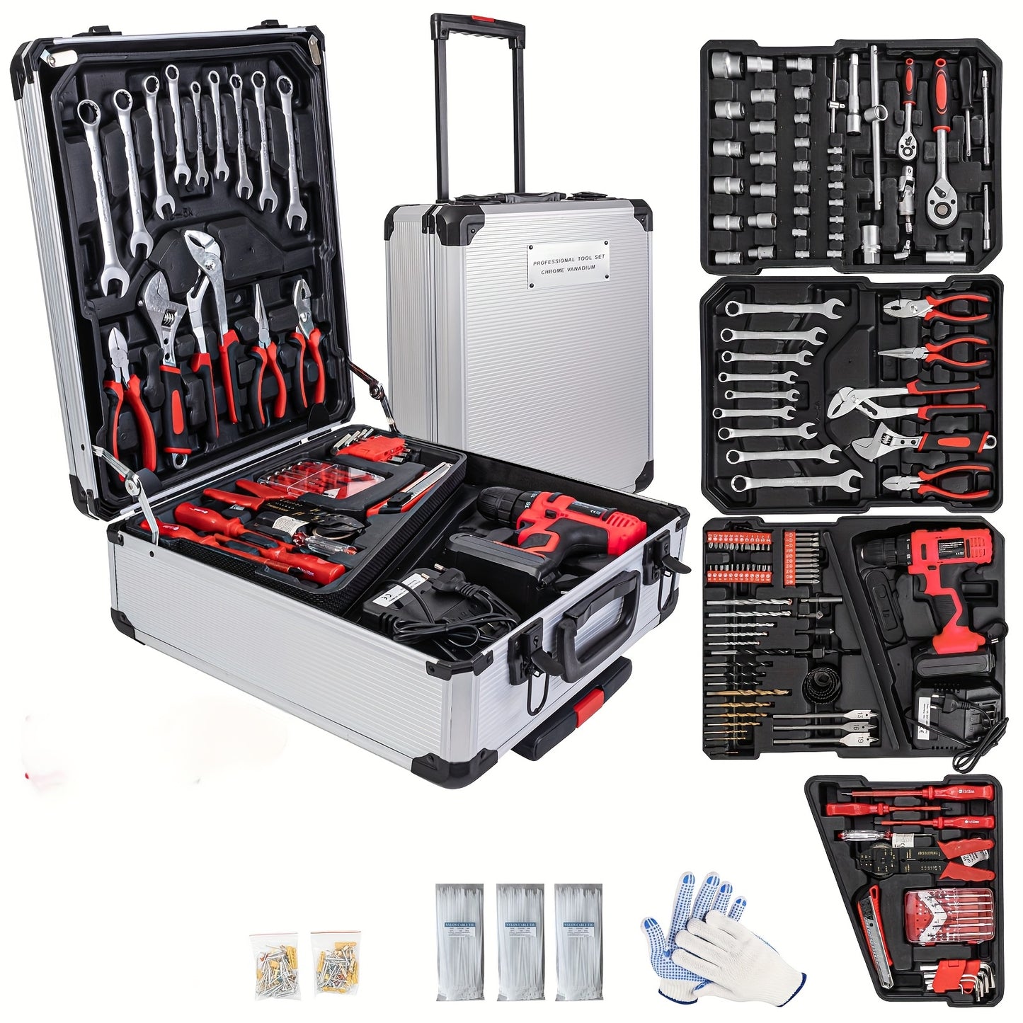 799pcs Aluminum Trolley Case Tool Set Silvery, House Repair Kit Set, Household Hand Tool Set, with Tool Belt, Gift On Father's DayTool Sets for Men, Tool Box with Tools, Tool Kit with Rolling