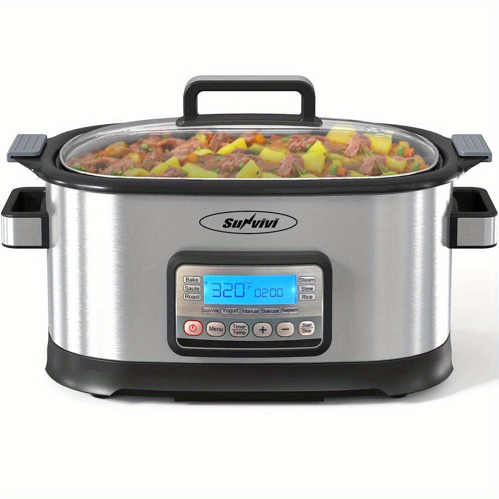11-in-1 Multi Slow Cooker Roaster Oven, 6.5QT Sliver Digital Programmable Slow Cooker with Rack, Large Removable Nonstick Crock, Glass Lid, Multicooker with Timer Temp Control, Delay Start