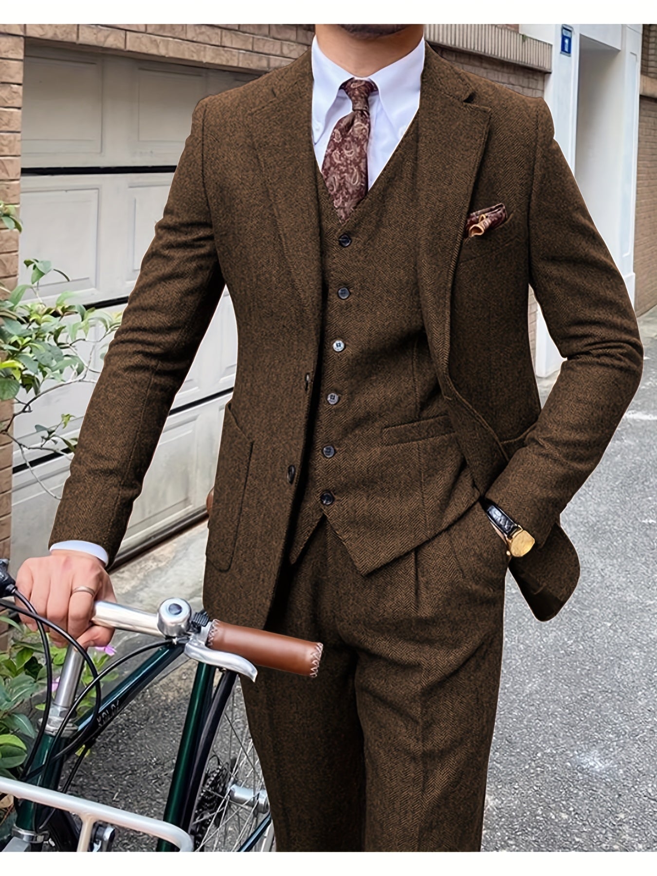 Men's 3 Piece Tweed Suit Wool Blend Herringbone Formal Wedding Party Event Vintage Western Casual Business Workwear Suit