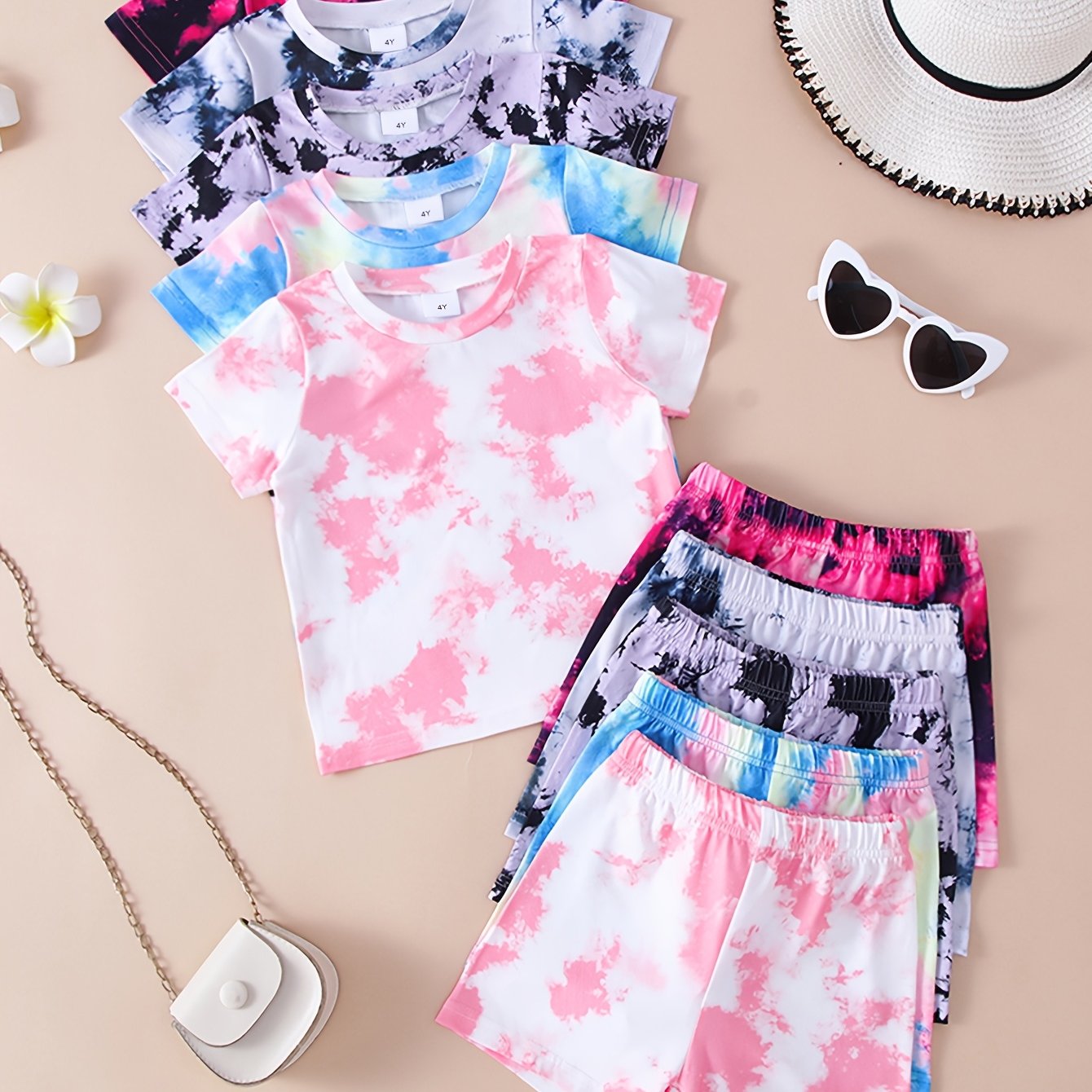 10pcs Women'S Casual Tie-Dye Print Knit Shorts and T-Shirt Set - Soft & Comfortable Polyester Blend, Short Sleeve Tops with Round Neck, Shorts with Elastic Waistband, Perfect for Outdoor Activities, Outdoor Clothing | Vibrant