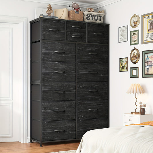 14-Drawer Tall Dresser with Metal Frame & Wood Top - 52" H Freestanding Storage Cabinet for Bedroom, Living Room, Entryway - Easy Assembly, No Power Needed, 11.8" D x 37" W, Tall Dresser for Bedroom, Home Organization, Contem
