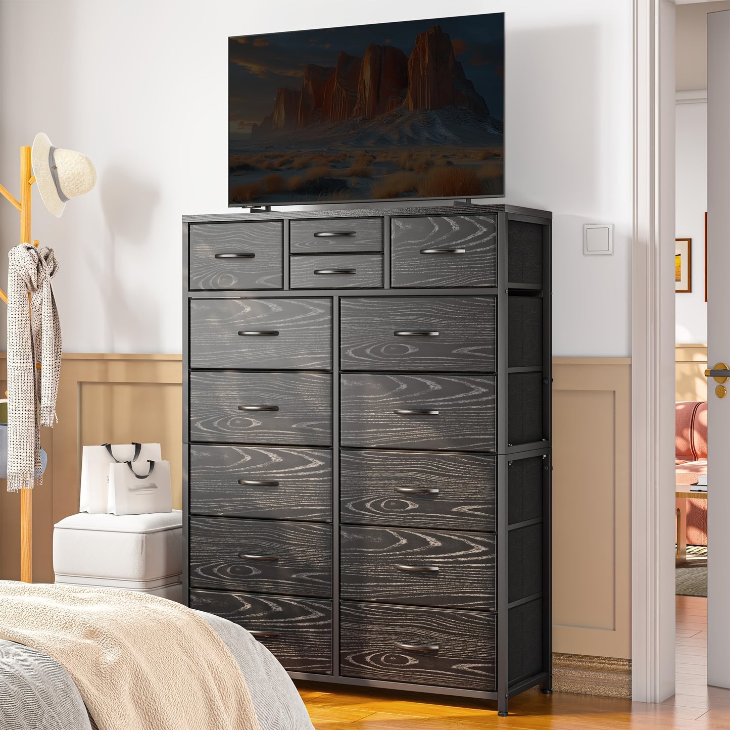 14-Drawer Tall Dresser with Metal Frame & Wood Top - 52" H Freestanding Storage Cabinet for Bedroom, Living Room, Entryway - Easy Assembly, No Power Needed, 11.8" D x 37" W, Tall Dresser for Bedroom, Home Organization, Contem