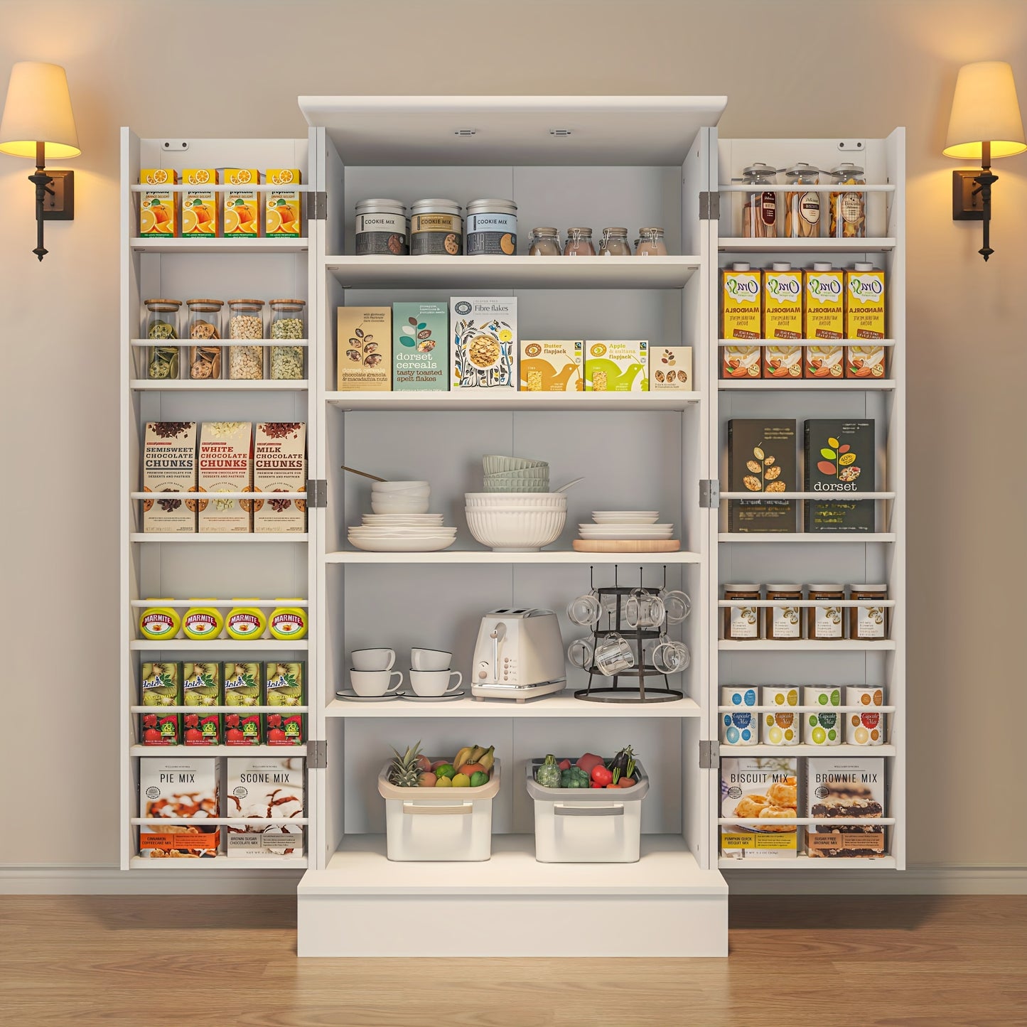 [47" Farmhouse Pantry] 47" White Freestanding Pantry Cabinet with Adjustable Shelves & Doors | Farmhouse Style Kitchen Storage Organizer, 10 Shelves, Durable Wood Construction, No Electricity Needed