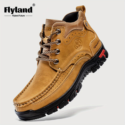 FLYLAND Genuine Leather Ankle Boots for Men & Women - Handcrafted, Breathable & Durable Casual Shoes with Non-Slip Rubber Sole, Lace-Up Closure, Brown Leather Upper & Black Sole - Perfect for Office, Vacation, or Casual Attir