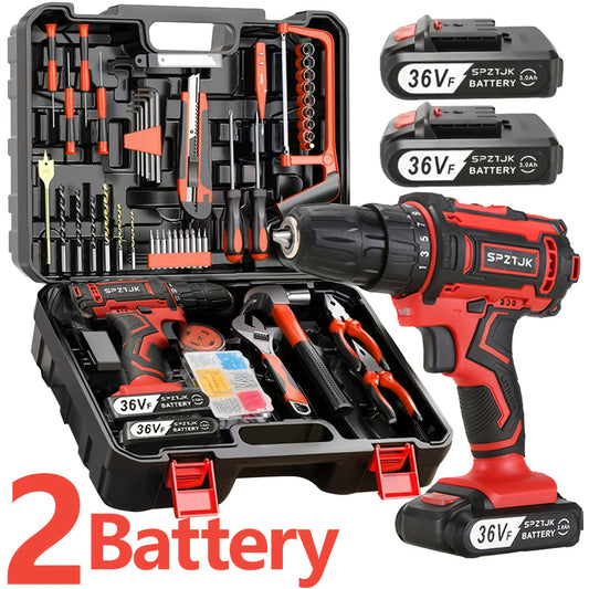 [128pcs Electric Drill] 2Battery SPZTJK 128pcs Electric Drill Tool Kit | 2-Speed Cordless Drill Driver with Hand Tools, Screwdriver, Drill Bits, Tool BOX for DIY, Home Repair, Christmas Gift, Electric Drill Cordless Rechargea