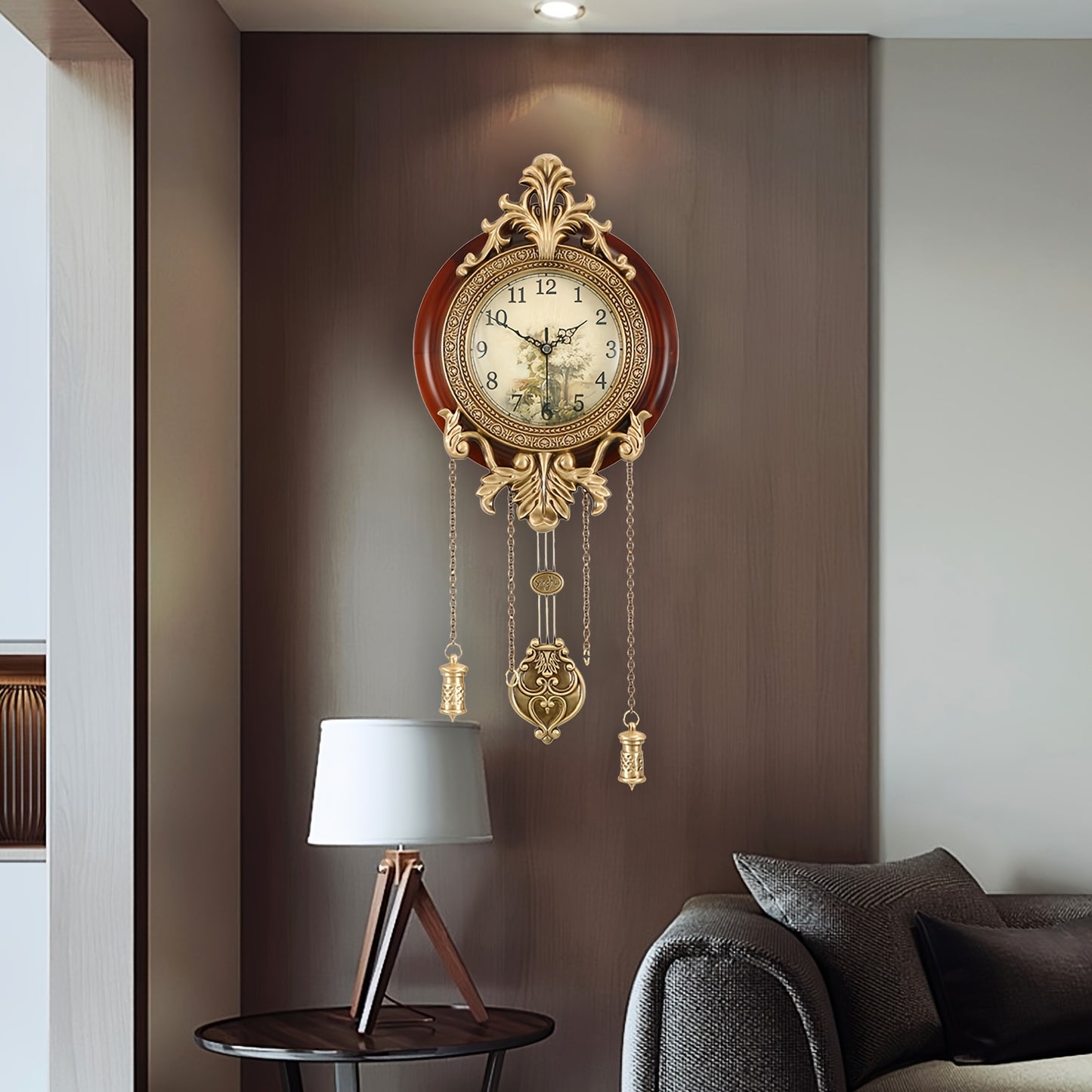 Large Antique-Style Wood Wall Clock - Battery Operated with Swinging Pendulum, Classic European Victorian Design for Living Room Decor, Unique Home Accent