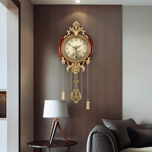 Large Antique-Style Wood Wall Clock - Battery Operated with Swinging Pendulum, Classic European Victorian Design for Living Room Decor, Unique Home Accent