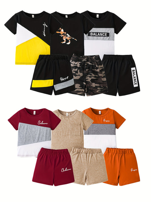 12pcs Boys' Casual Fashion Set, 6 Tops And 6 Shorts, Summer New Multi Piece Outfit, Perfect for Outdoor