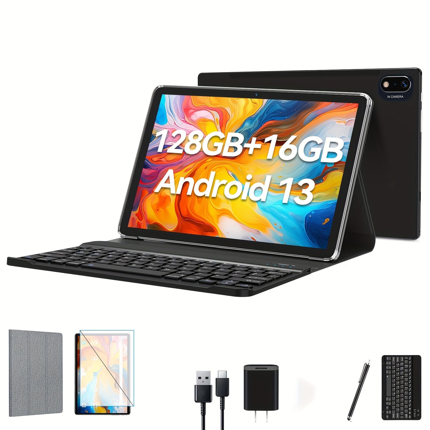 Android 13 Tablet 2024 Newest 10 Inch Octa-Core Tablet, 128GB ROM+16GB RAM (8+8 Virtual)+1TB Expand, 5G WiFi Tablet with 13MP+8MP Camera, 6000mAh Battery, 2in 1 Tablet with Keyboard, Case, Stylus Without Electricity, New Year