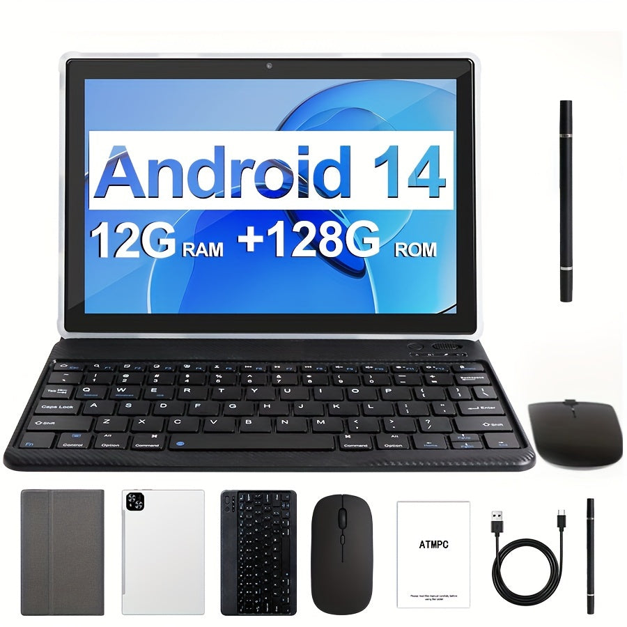 Tablet 10.1 Inch Android 14 OS Tablet, 2in 1 Tablets with Keyboard, Mouse, Case, Stylus Without Electricity, 128GB ROM 12GB (4GB+8GB) RAM, Dual Camera, Eight Core Processor, 1280 * 800 IPS High-definition Display Screen, GMS