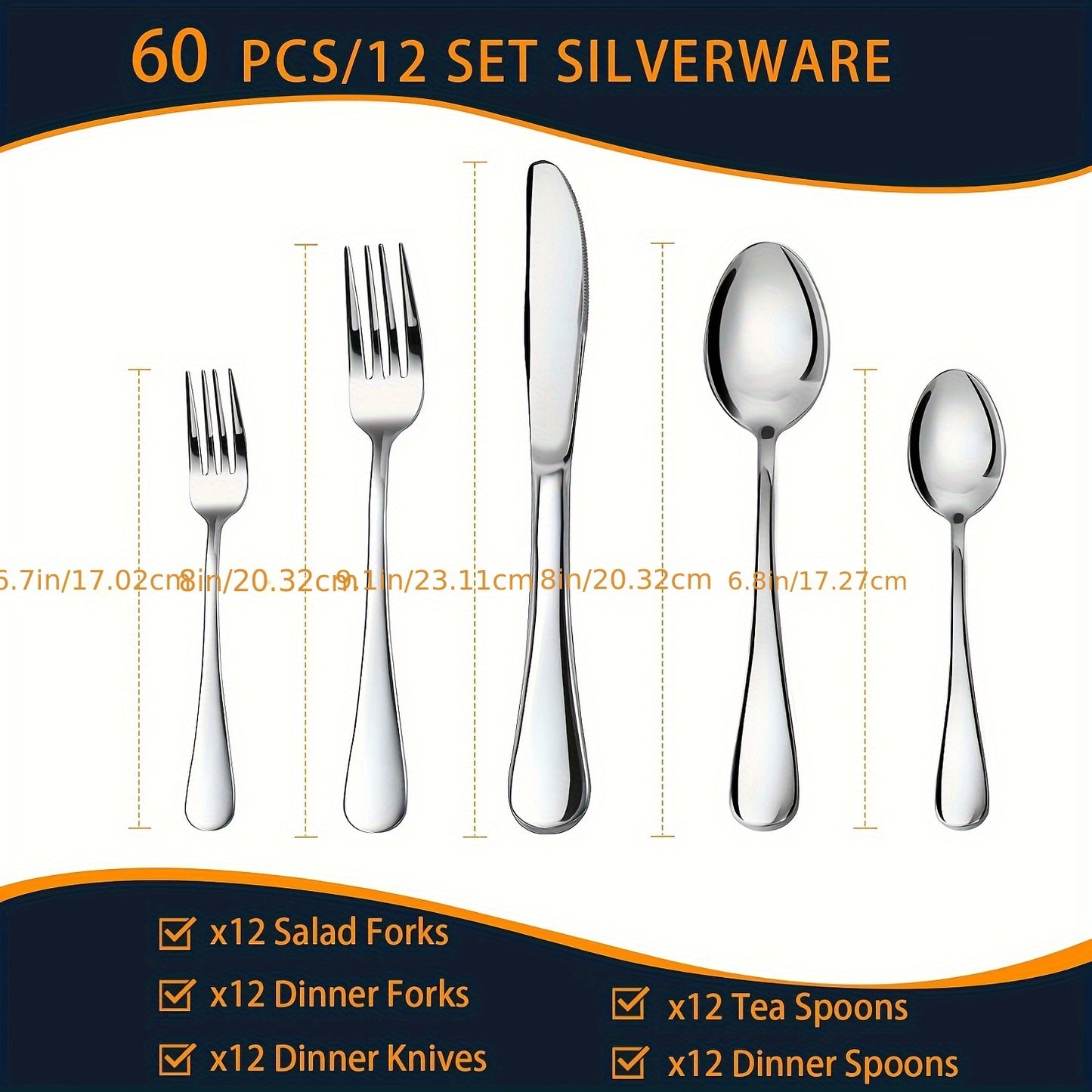 60 Piece Silverware Set Stainless Steel Cutlery Set for 12 People Kitchen Utensil Set with Knives Forks Spoons Mirror Polished Dishwasher Safe Ideal for Families Outdoor Parties Weddings
