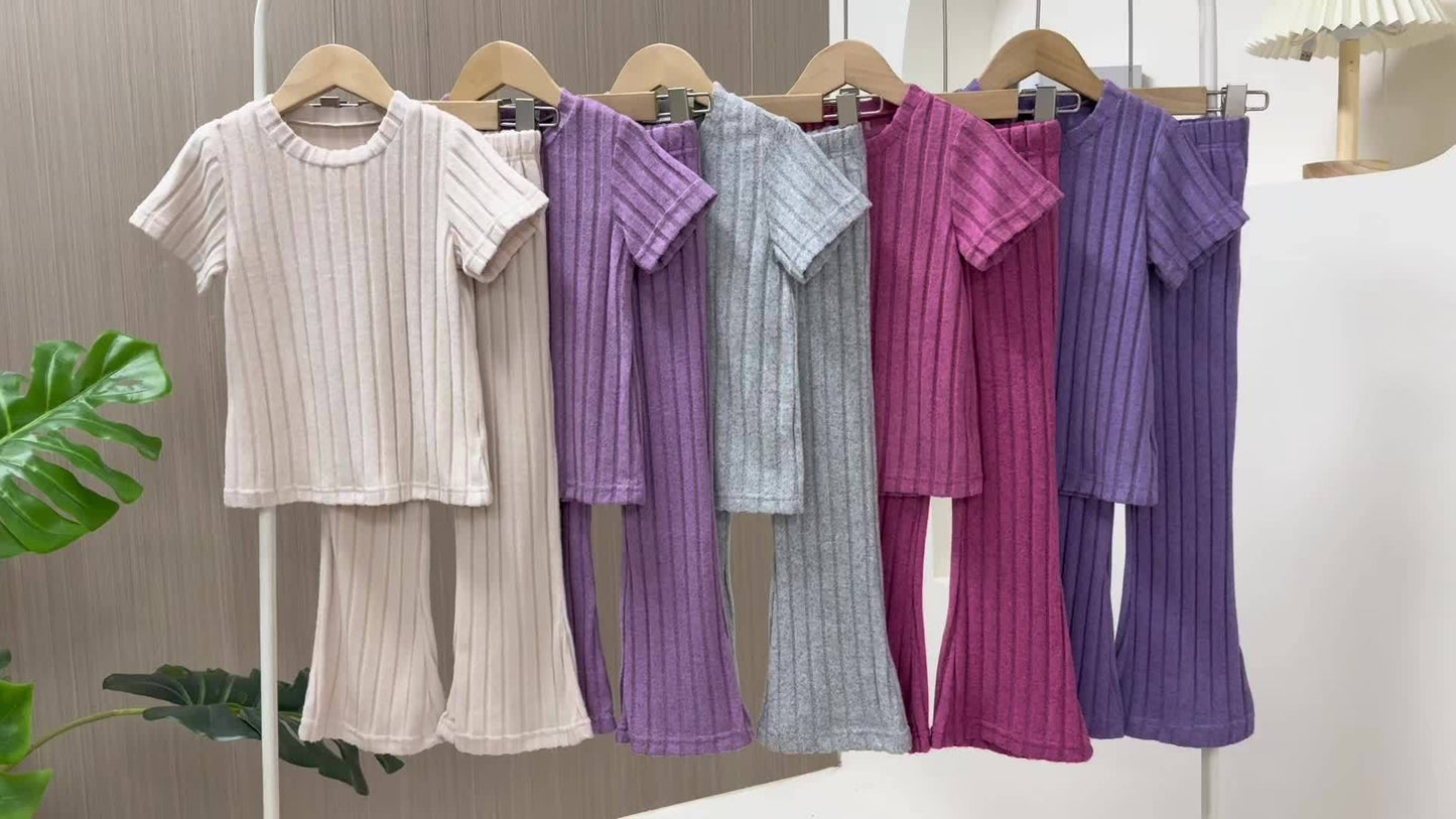 10pcs, Girls Knit Short Sleeve Top Solid Color with Flared Pants Summer Pretty Casual Set, Perfect for Outdoor
