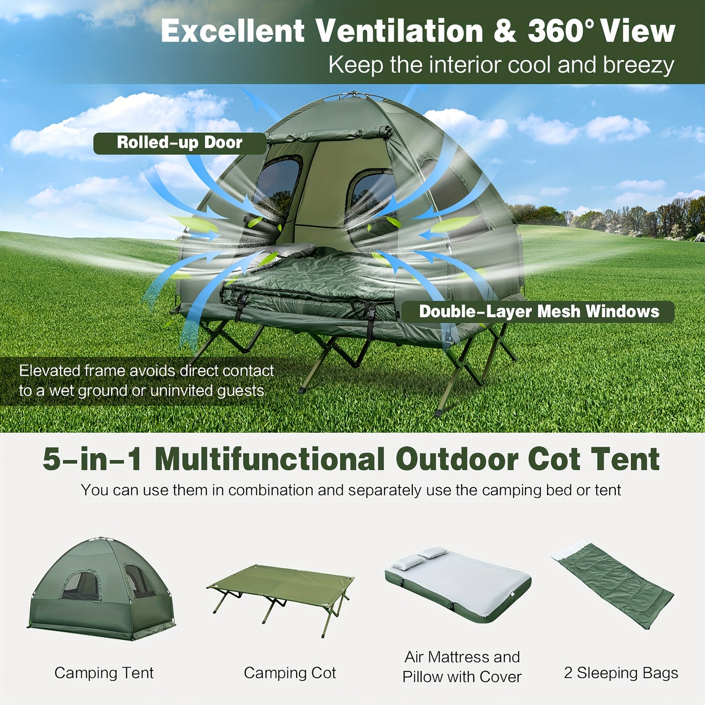 GYMAX 2 Person Compact Portable Pop Up Tent Camping Cot with Air Mattress and Sleeping Bag