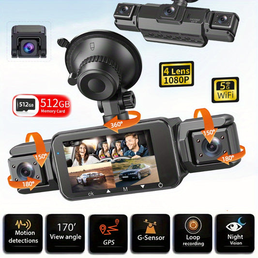 512GB Free Memory Card Car Dash Cam with 3" IPS Screen, GPS, Night Vision, G-Sensor, Loop Recording, WiFi, Ultra-Wide Angle Front/Rear/Left/Right Cameras, Motion Detection, Free 64GB SD Card, Vehicle Security Monitor | Modern