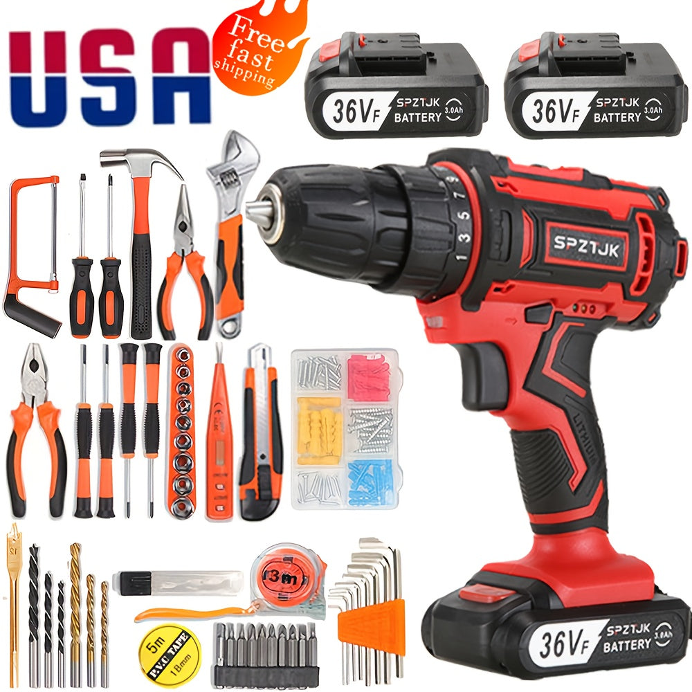 [128pcs Electric Drill] 2Battery SPZTJK 128pcs Electric Drill Tool Kit | 2-Speed Cordless Drill Driver with Hand Tools, Screwdriver, Drill Bits, Tool BOX for DIY, Home Repair, Christmas Gift, Electric Drill Cordless Rechargea