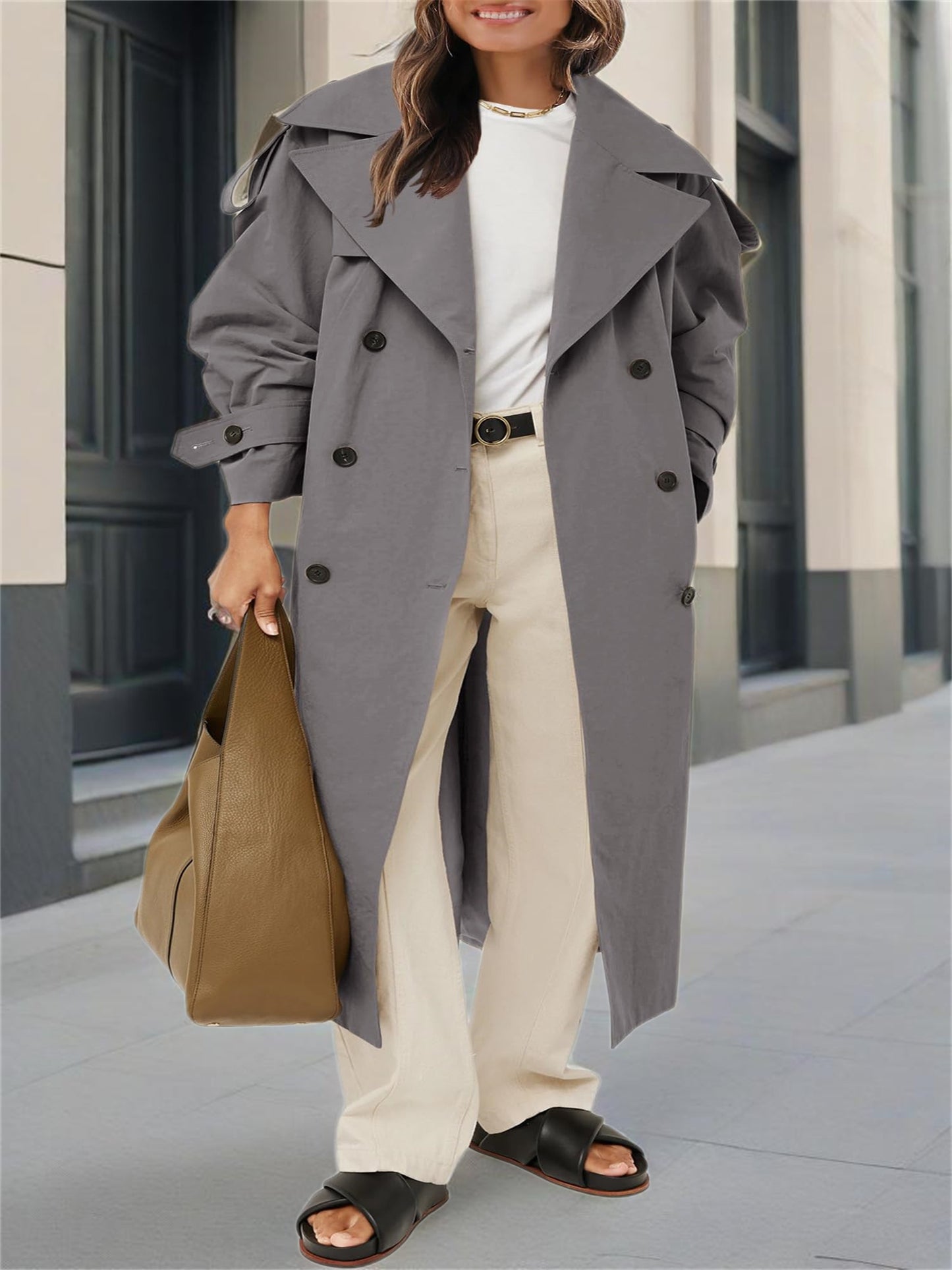 Plus Size - Spring Autumn Womens Oversized Long Trench Coat Double Breasted Lapel Windproof Overcoat with Belt