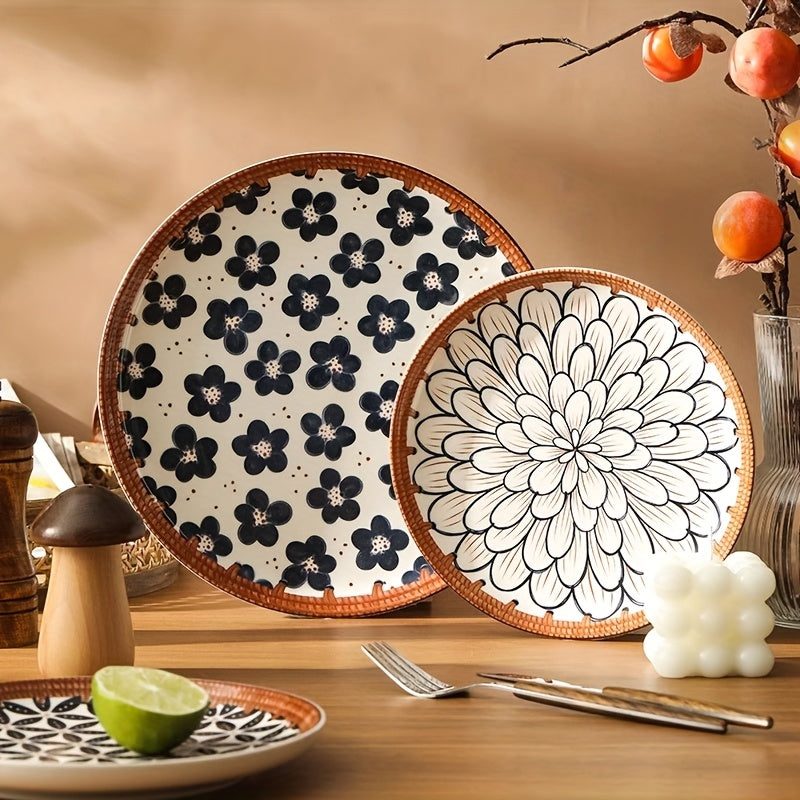 Retro Rattan Woven 12 Piece Japanese Style Ceramic Tableware Set for Steaks Pasta Salads Fruits Chicken Wings Rice Suitable for 2 to 4 People