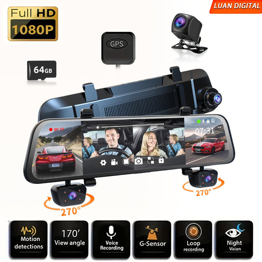 [FOXGOD] Driving Recorder, 11.66-inch Full-screen Touch Screen, Four Cameras 1080P*4, Car Driving Recorder, 64G, with GPS Rotation Back Force, Host Triple Recorder+back Force, Parking Monitoring Function+G Sensor+170° Super