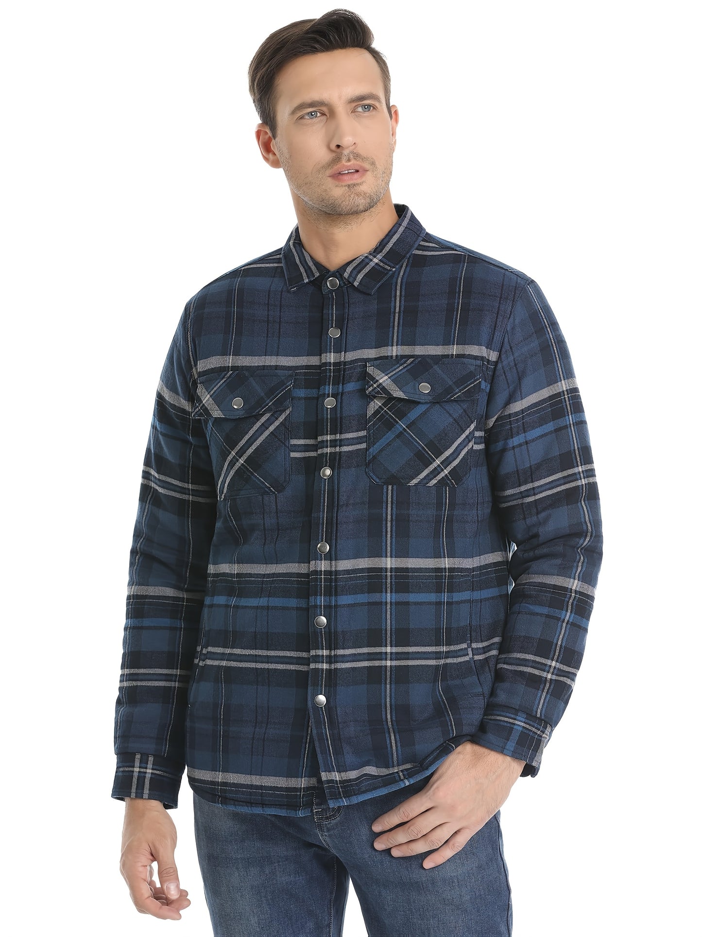 Men's Plaid Flannel Shacket Fleece Lined Quilted Long Sleeve Button Jacket with Dual Chest Pockets Cozy and Stylish for Casual Wear College Travel Parties Street Fashion Jacket Classic Plaid Design