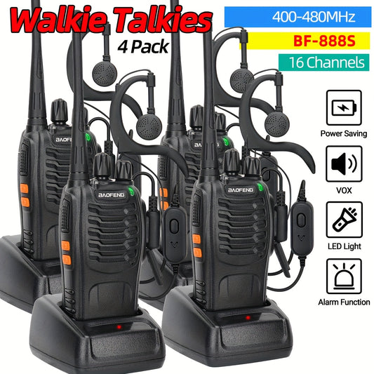 4 Pack Walkie Talkies Baofeng BF-888S Wireless Two Way Radios 16 Channels 400-480MHZ Rechargeable Handheld Long Range Power Flashlight for Adults with Earpieces Outdoor Equipment for Skiing Camping and Hunting