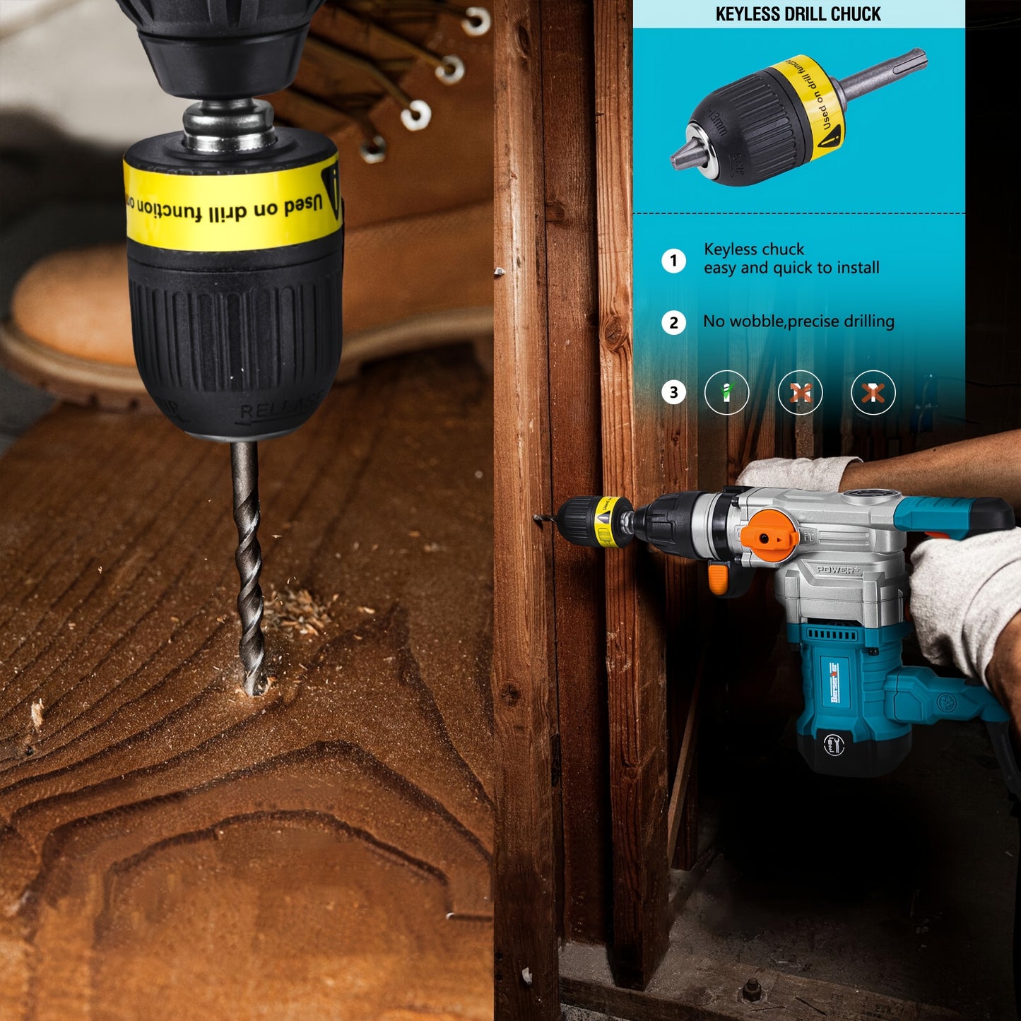 Berserker 25M 1-1/8" SDS Plus 26mm Rotary Hammer Drill, 1050W, 120V 60Hz, with Safety Clutch, 850 RPM & 4000 BPM, 3 Functions Corded Rotomartillo for Concrete - Includes Drill Chuck, 3 Drill Bits, Flat Chisel, Point Chisel, C