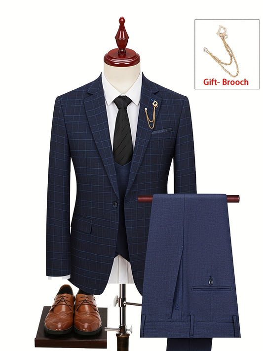 Teens Plaid Suit Set - 3pcs, Casual Style, Notched Lapel, Regular Fit, Polyester Includes Jacket, Vest, And Pants - For Business Casual & Formal Occasions - Perfect Gift For Weddings & Special Events