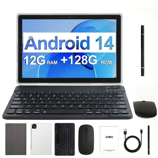 Tablet 10.1 Inch Android 14 OS Tablet, 2in 1 Tablets with Keyboard, Mouse, Case, Stylus Without Electricity, 128GB ROM 12GB (4GB+8GB) RAM, Dual Camera, Eight Core Processor, 1280 * 800 IPS High-definition Display Screen, GMS