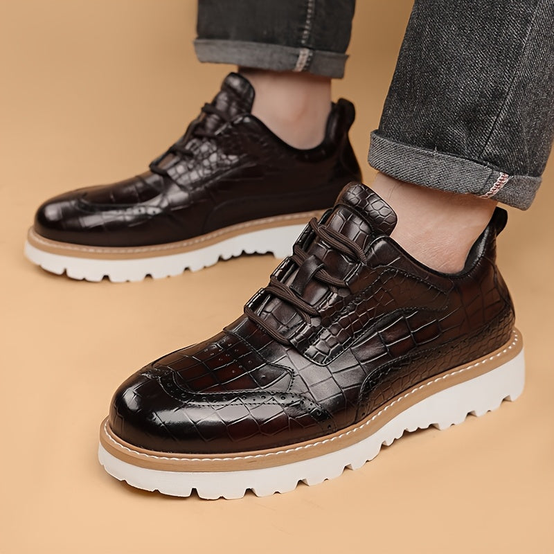 Men'S Trendy First Layer Cowhide Light Luxury Lace Up Leather Casual Shoes, Comfortable Pigskin Lining, Wear-resistant And Non Slip Rubber Sole, Suitable For Office, Party, Daily Travel Wear 60818
