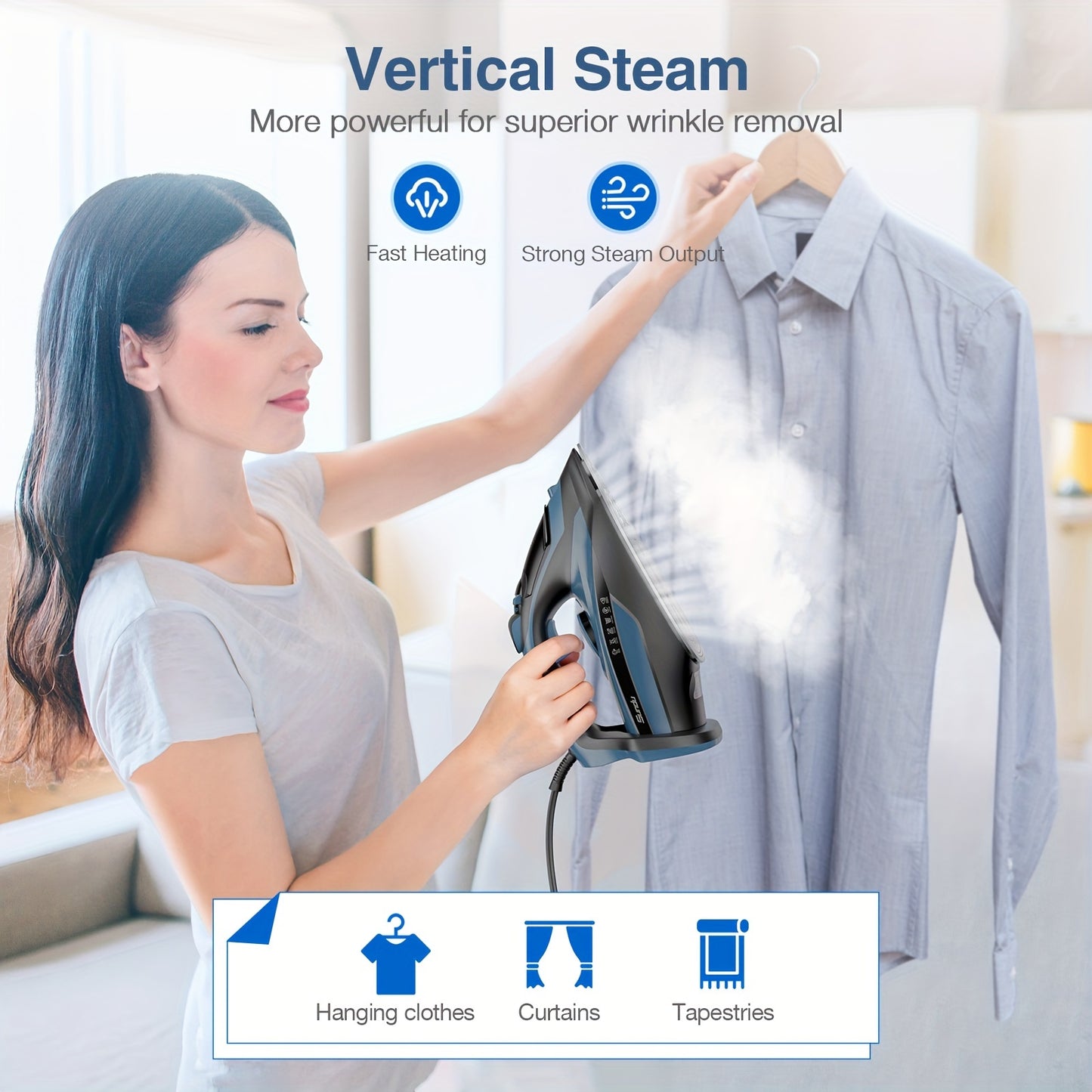 [Steam Iron] Powerful Steam Iron, Stainless Steel Soleplate Iron With Retractable Cord | Auto-off, Anti-Drip, Ironing, Clothes Iron