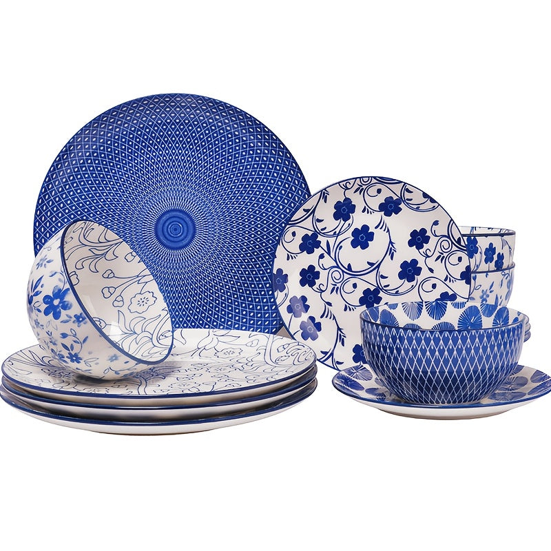 12 or 24 Pieces Ceramic Dinnerware Set Blue and White Porcelain Plates and Bowls Dishwasher Microwave and Oven Safe Scratch Resistant Healthy Tableware for Restaurant and Home Kitchen Elegant Gift for Valentines and Weddings