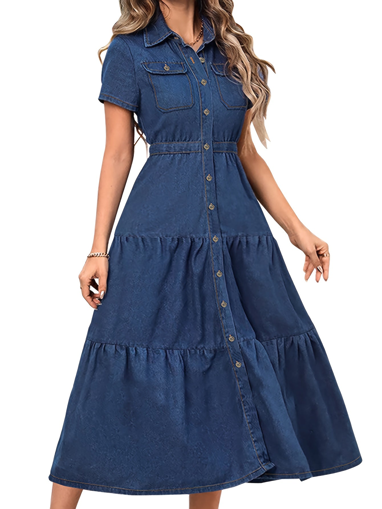 Women's Elegant Denim Shirt Dress - Lapel Button- Short Sleeve, Loose Fit Casual Tunic Knee-Length Dress, Machine Washable Spring/Fall Versatile Outfit, Denim Dresses, Spring Fashion, Ruffled Sleeve Design, Solid Color Fashio