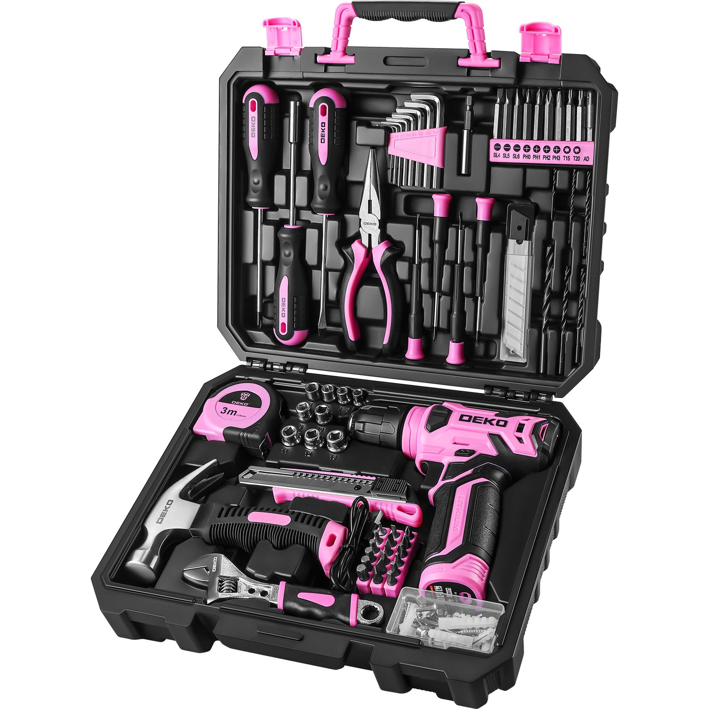 DEKO 126PCS Pink Power Tools Box With 8V Cordless Drill / Driver, Tape Measure, Hammer, Screwdriver Set and Precision Tool, Portable Hand Toolbox for Garden, DIY Home Projects, Outdoor Repairs, Camping, Woodworking Tools and