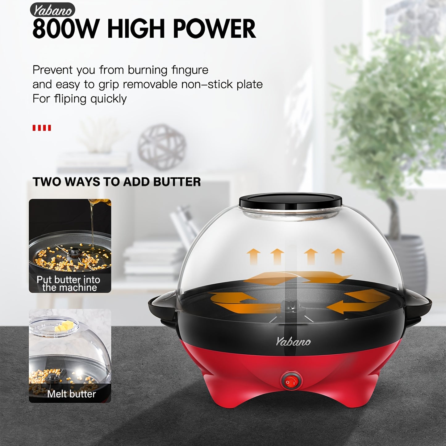 [Yabano Quick-Heat Popcorn Maker] Yabano 6-Quart Popcorn Maker - Quick-Heat, Nonstick, Electric Stirring - Red & Black, Dishwasher Safe