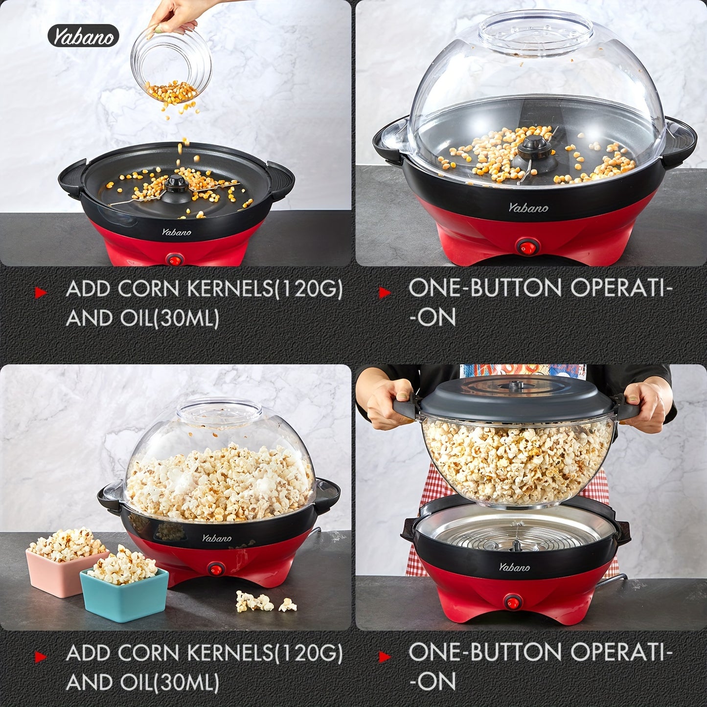 [Yabano Quick-Heat Popcorn Maker] Yabano 6-Quart Popcorn Maker - Quick-Heat, Nonstick, Electric Stirring - Red & Black, Dishwasher Safe