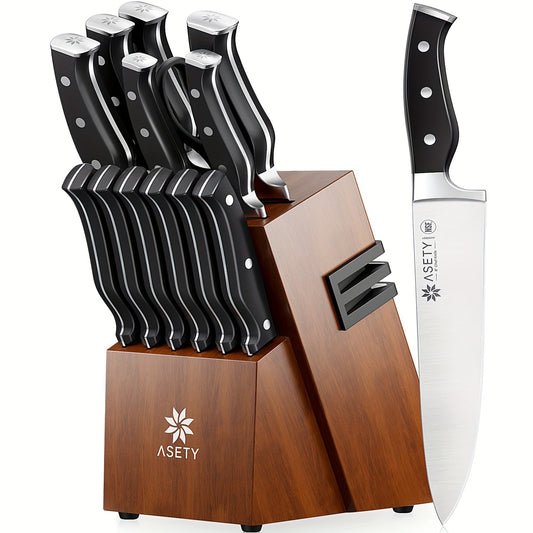 Asety 15 Piece Kitchen Knife Set With Built-In Knife Sharpener Block German Stainless Steel Full Tang Chef Knife Set NSF Food Safe Gift For Men And Women