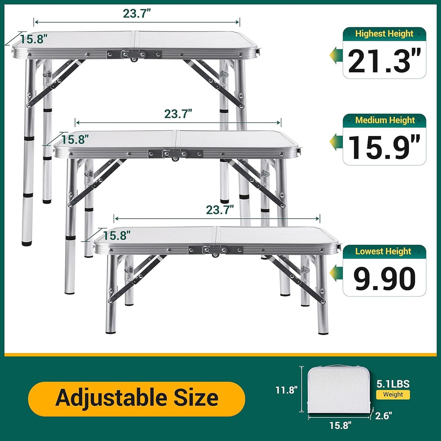 Lightweight Adjustable Folding Table - Portable Aluminum Design for Outdoor Use and Indoor Activities with 70 lbs Capacity