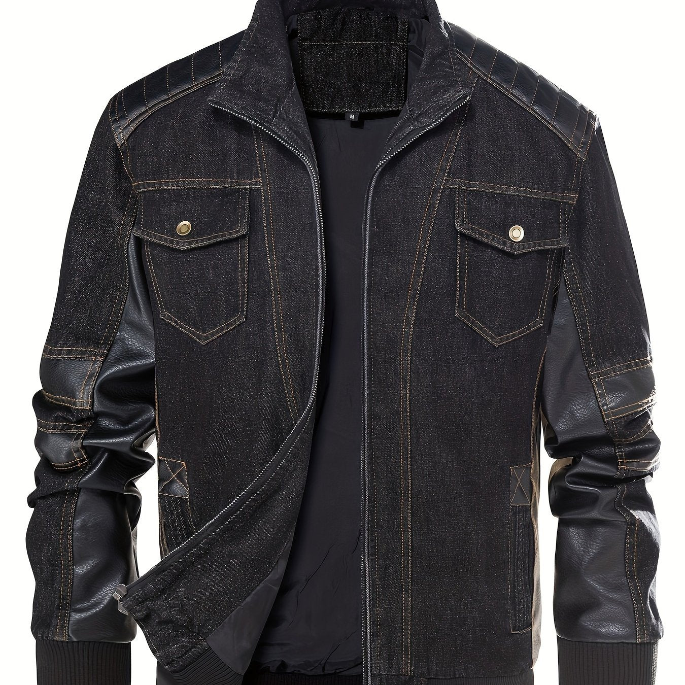 Men'S Denim Jacket Patchwork Faux Leather Motorcycle Jacket Slim Fit Biker Coat With Stand Collar