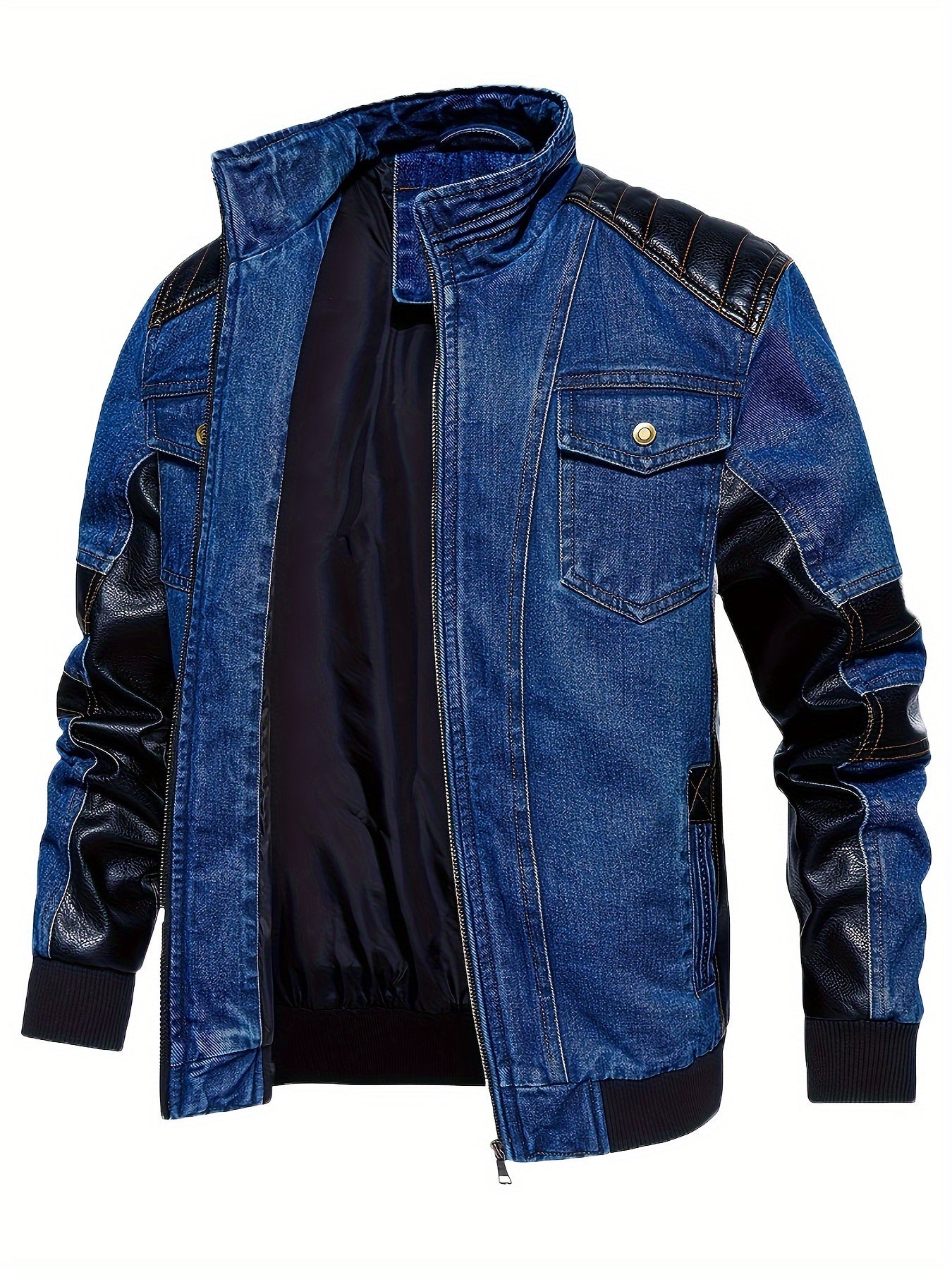 Men'S Denim Jacket Patchwork Faux Leather Motorcycle Jacket Slim Fit Biker Coat With Stand Collar