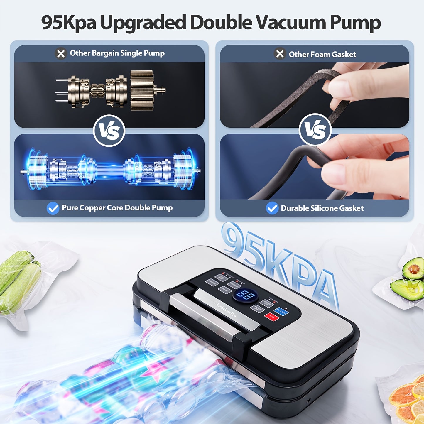 Beelicious Pro Automatic Vacuum Sealer Machine with 10 Modes | 95KPA Dual Pump & Double Seal Technology | Dry/Moist Food Preserving System | Bonus Accessory Hose + Roll-Packed Bags (Upgraded User Experience Design)