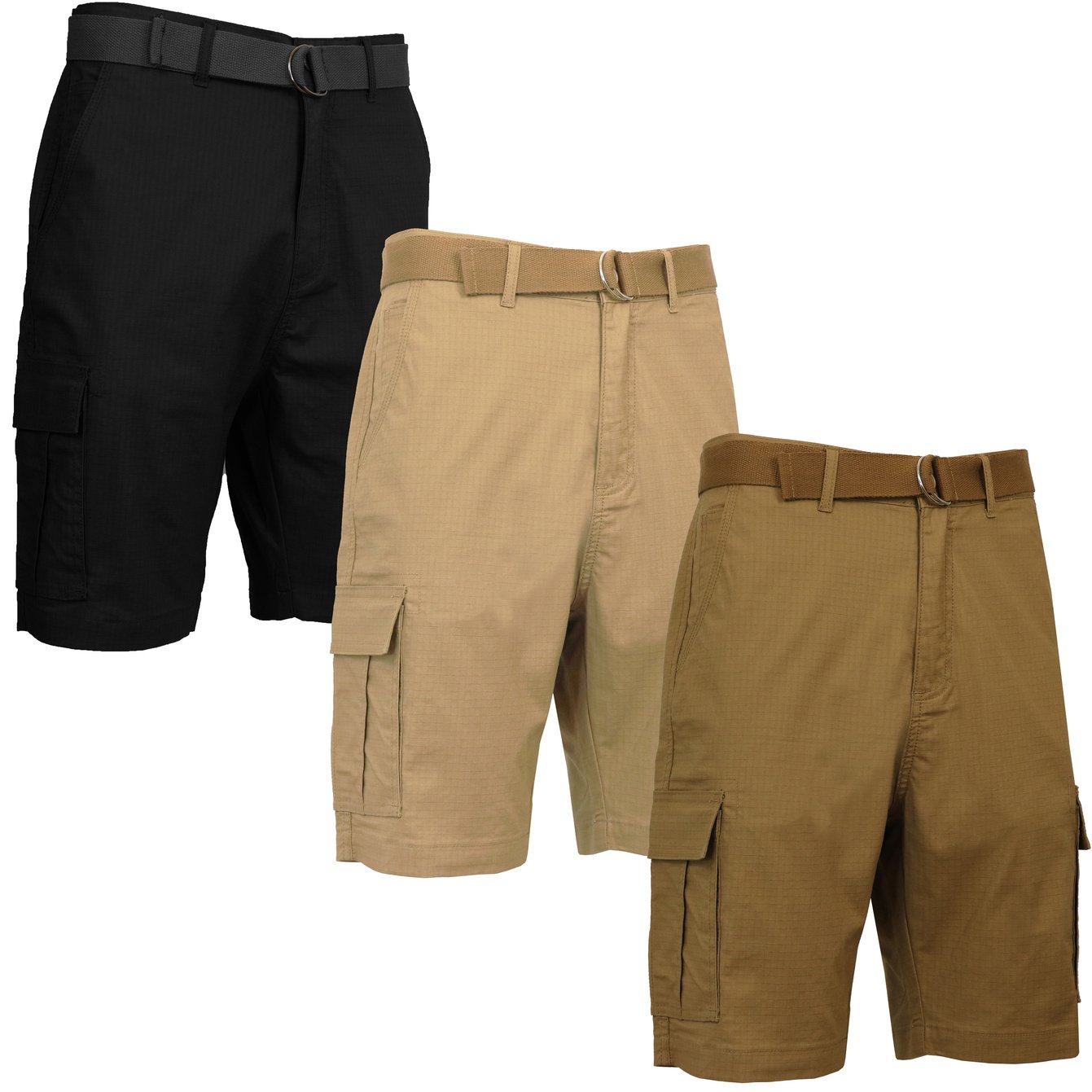 3 Pack Men's Cotton Stretch Ripstop Cargo Shorts With Belt