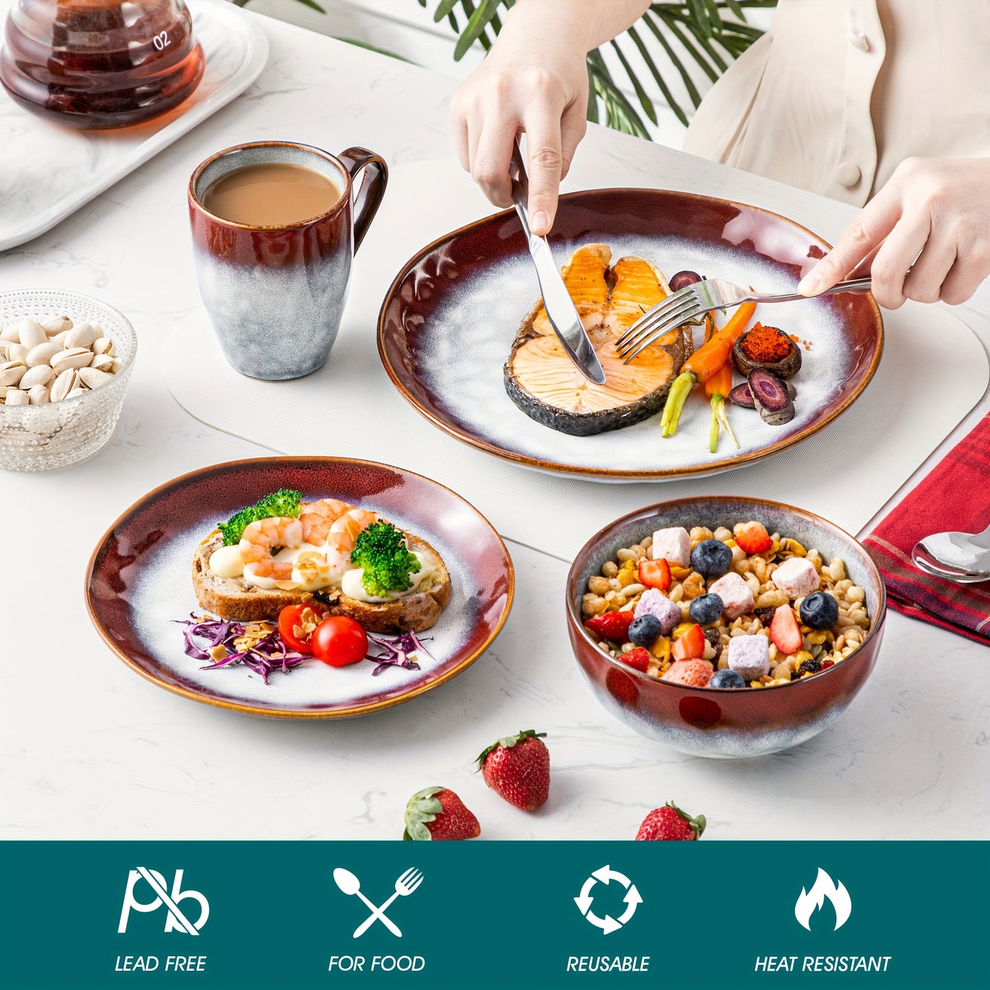 16 Pieces Modern Ceramic Dinnerware Set Includes Plates Bowls and Mugs for 4 High Temperature Kiln Glazed Easy Clean Tableware