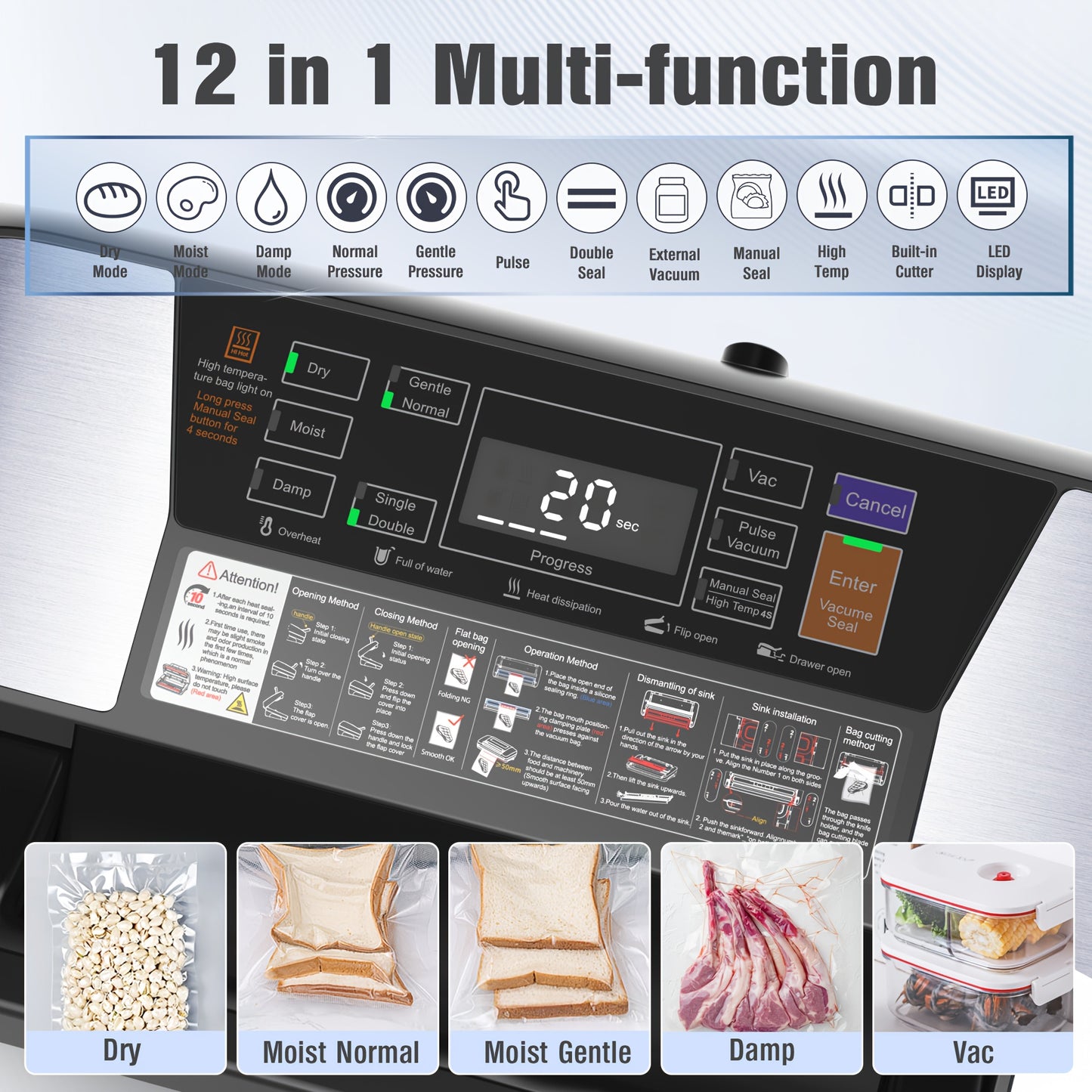 85kPa Food Vacuum Sealer Machine - 12-in-1, Easy Lock, Double Heat Seal, with Built-in Cutter, Bag Storage, 1 Roll & 10 Pre-cut Bags