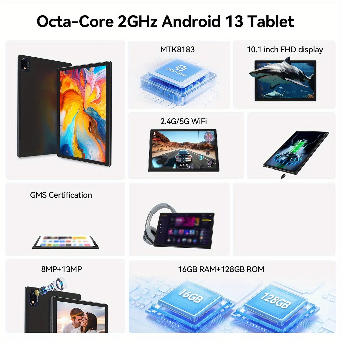 Android 13 Tablet 2024 Newest 10 Inch Octa-Core Tablet, 128GB ROM+16GB RAM (8+8 Virtual)+1TB Expand, 5G WiFi Tablet with 13MP+8MP Camera, 6000mAh Battery, 2in 1 Tablet with Keyboard, Case, Stylus Without Electricity, New Year