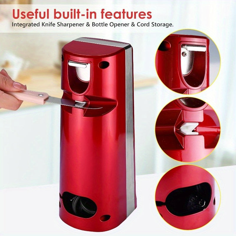 Electric Can Opener with One Touch Lid Opening Removable Stainless Steel Cutter and Three in One Design with Knife Sharpener and Bottle Opener Red