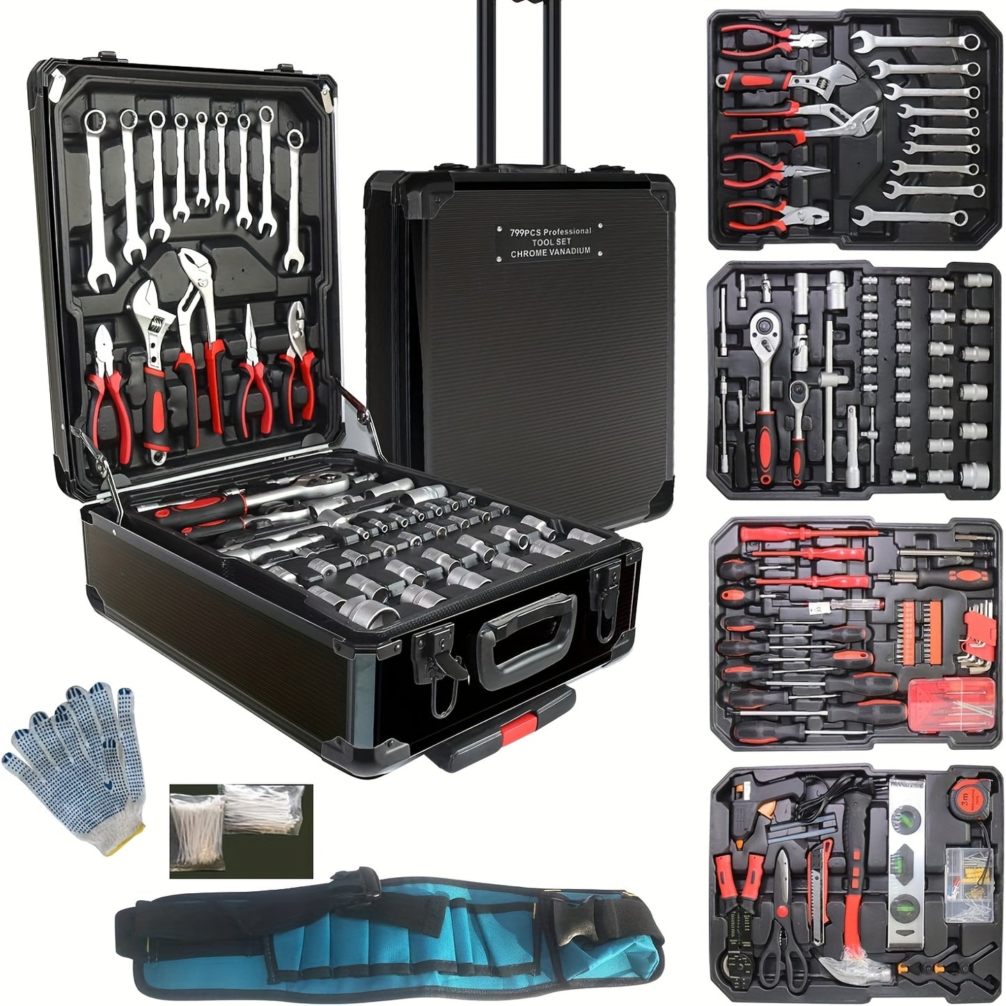 799pcs Aluminum Trolley Case Tool Set Silvery, House Repair Kit Set, Household Hand Tool Set, with Tool Belt, Gift On Father's DayTool Sets for Men, Tool Box with Tools, Tool Kit with Rolling
