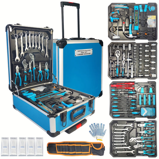 799pcs Aluminum Trolley Case Tool Set Silvery, House Repair Kit Set, Household Hand Tool Set, with Tool Belt, Gift On Father's DayTool Sets for Men, Tool Box with Tools, Tool Kit with Rolling