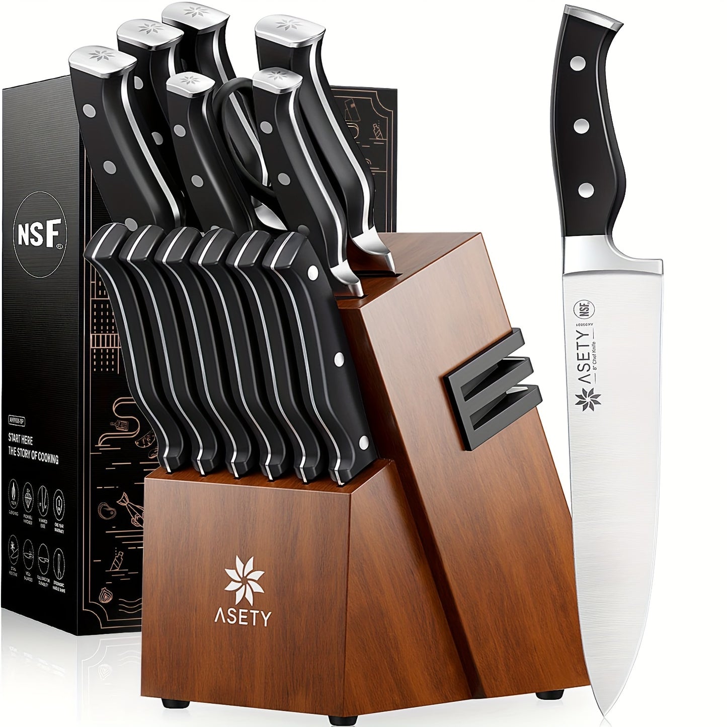 Asety 15 Piece Kitchen Knife Set With Built-In Knife Sharpener Block German Stainless Steel Full Tang Chef Knife Set NSF Food Safe Gift For Men And Women